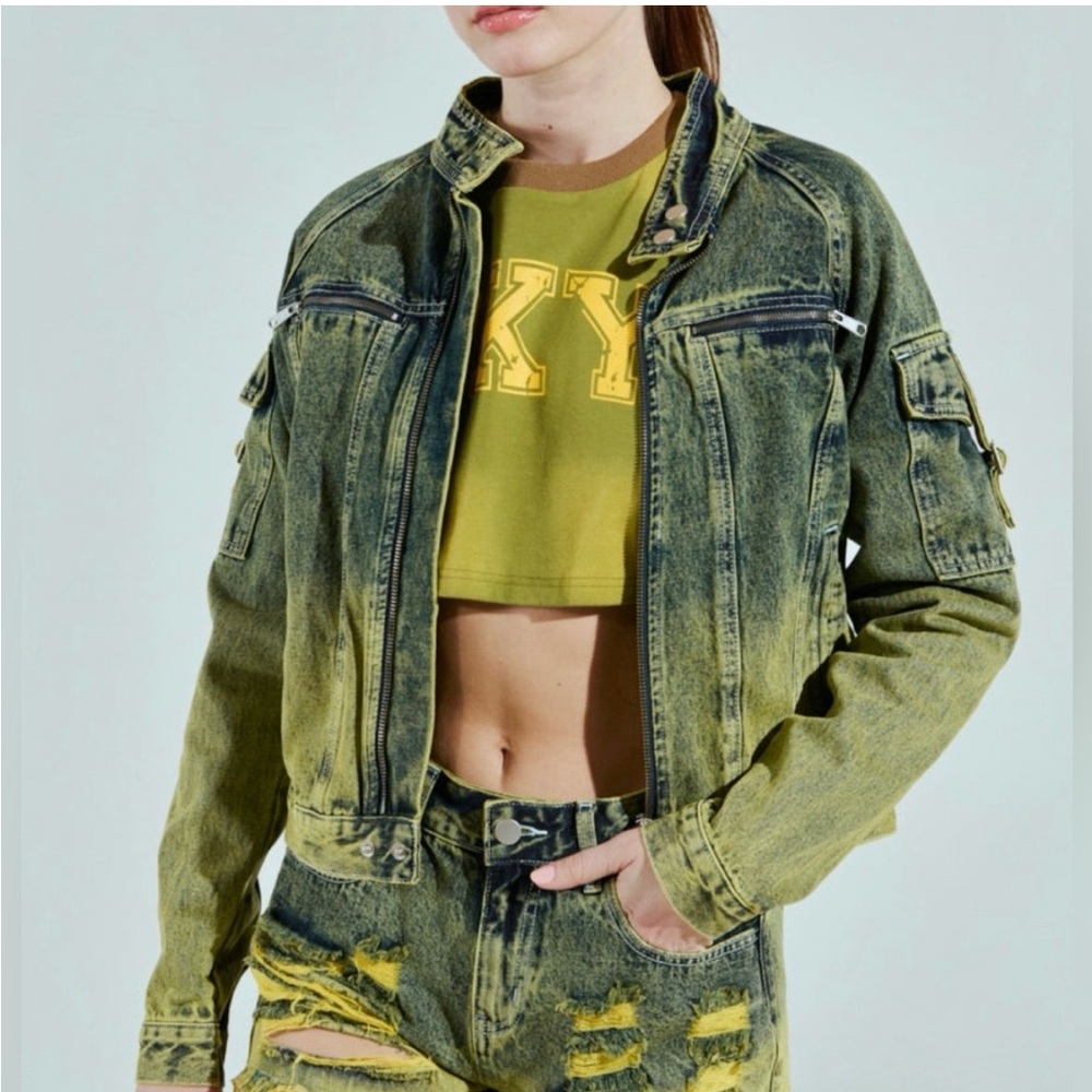 AKIRA Olive Acid Wash Jean Jacket